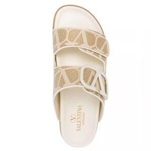 Valentino VLogo Off-White Beige Toile Iconographe Double Strap Slide Dad Sandals
